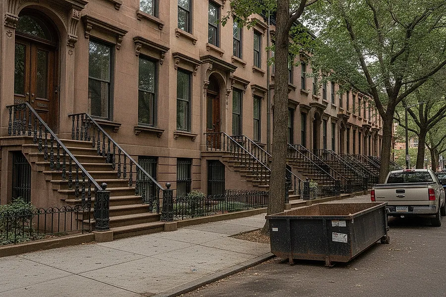 A terrace of Brooklyn brownstone row houses with stone stoops and cast-iron railings