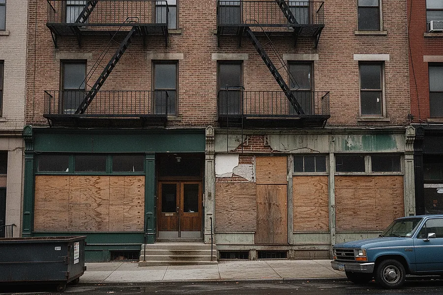 A pre-war Brooklyn walk-up apartment building in red brick with fire escapes on the facade