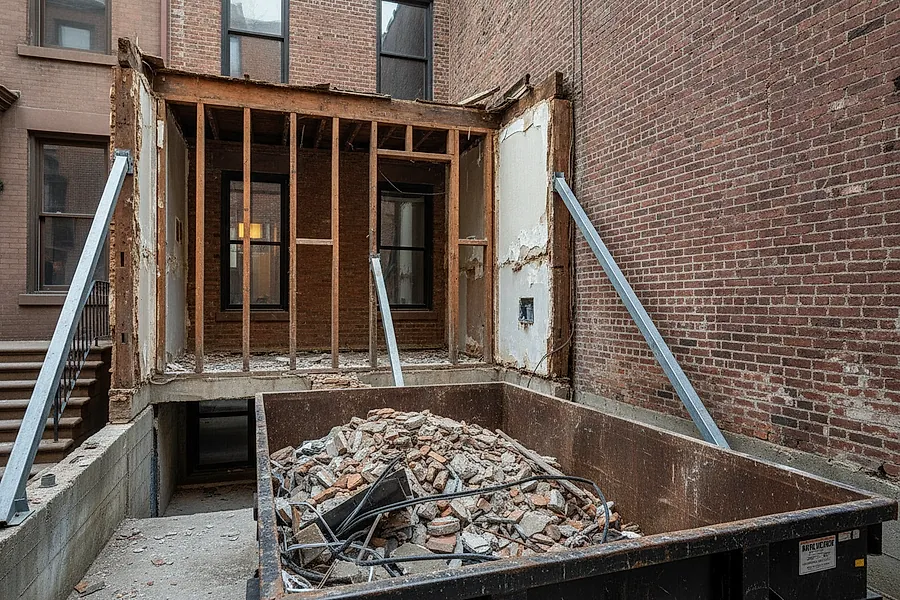 A partly removed rear structure on a narrow attached lot, neighbouring wall braced and intact
