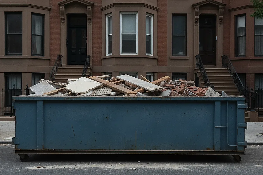 A kerbside debris container part loaded with plaster and timber on a residential Brooklyn street