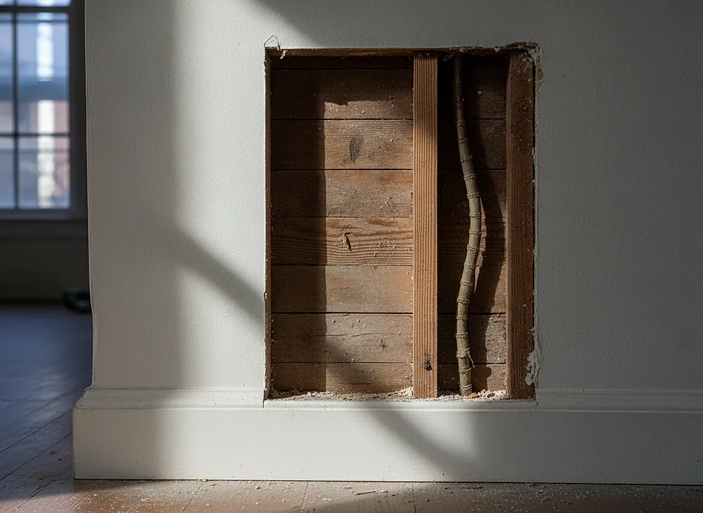 A small opening cut in a plaster wall revealing timber lath and a stud behind it