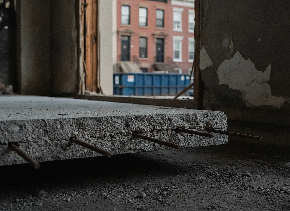A broken concrete slab section showing thickness and reinforcing bar at the cut edge