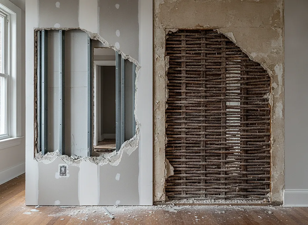 Two adjoining interior wall sections, one drywall on studs and one plaster on timber lath