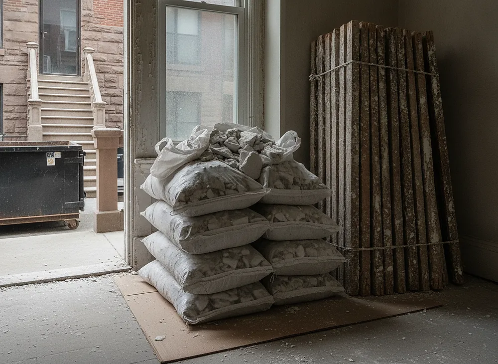 Bagged plaster debris and stacked broken lath staged on a protected floor