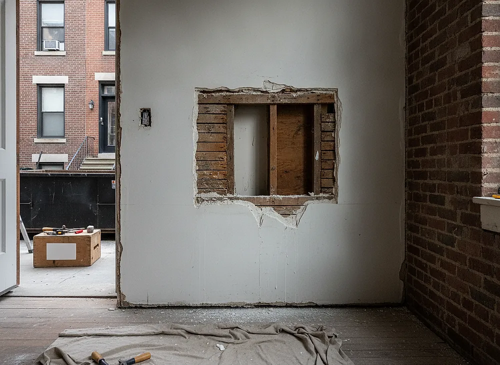A gloved hand pulling a section of plaster away from timber lath in a Brooklyn interior