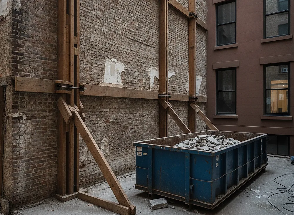 A shared party wall exposed between two attached Brooklyn buildings with bracing in place