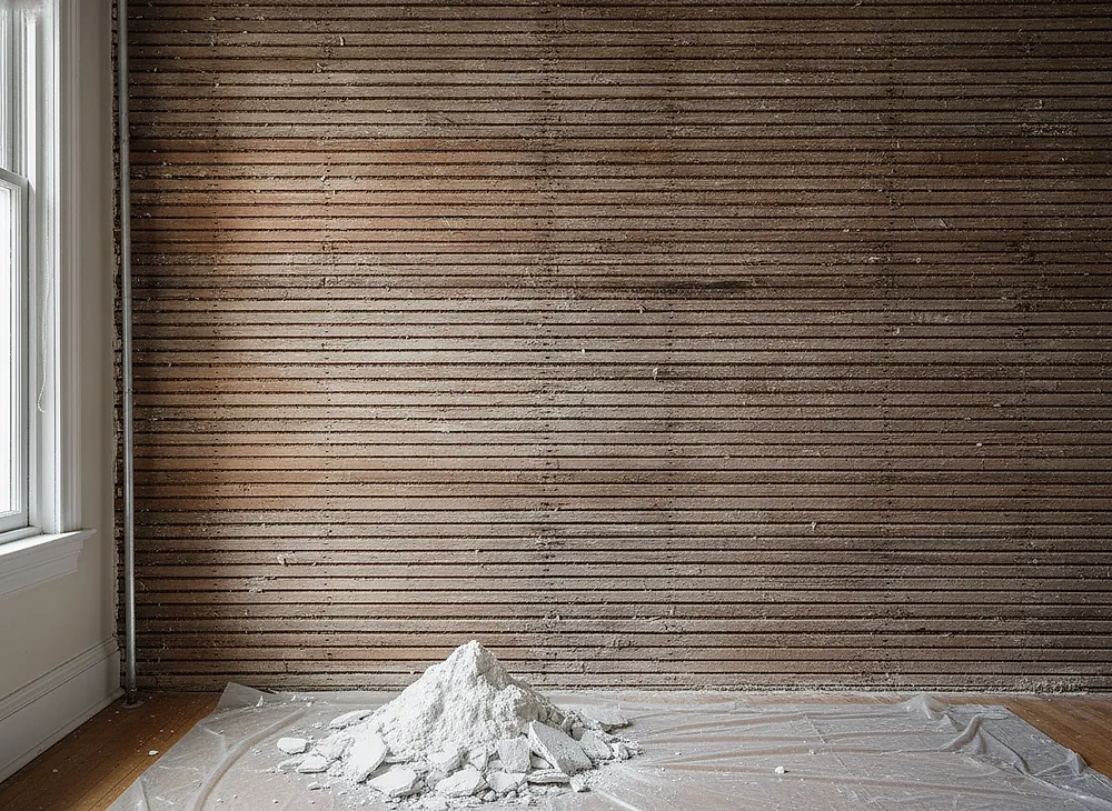Timber lath exposed where plaster has been pulled off an interior wall