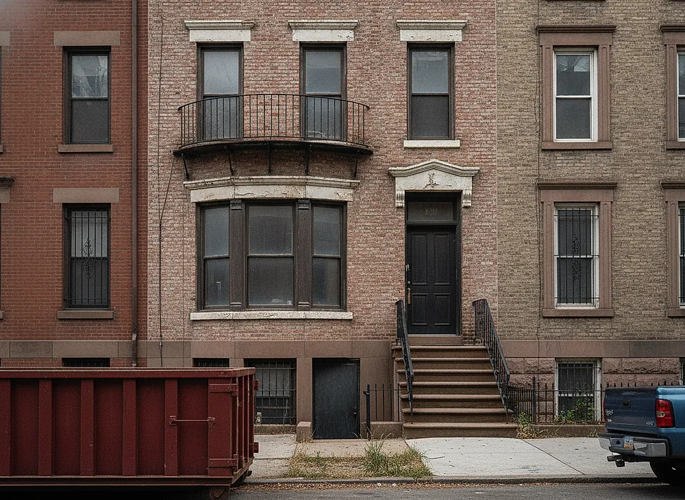 The front of an attached Brooklyn row house showing the stoop and narrow frontage