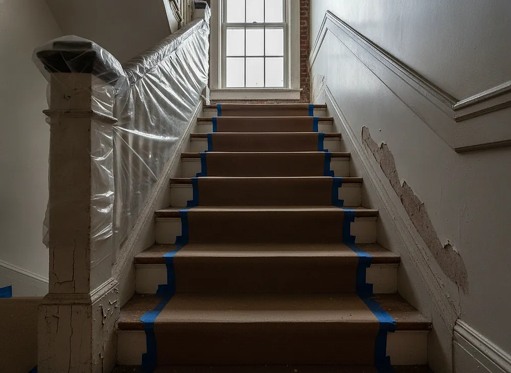 A narrow row house stair run with protective covering laid over the treads and handrail